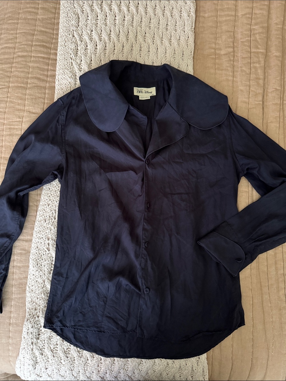 Zara Disney Navy Blue Button-Up Blouse with Rounded Peter Pan Collar